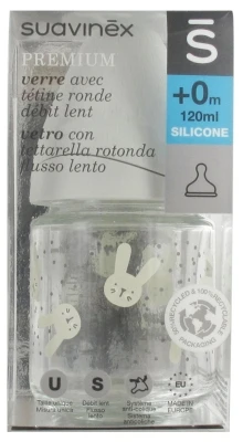 Suavinex Premium Biberon En Verre Avec Tétine Ronde Débit Lent 120 Ml 0 Mois Et +